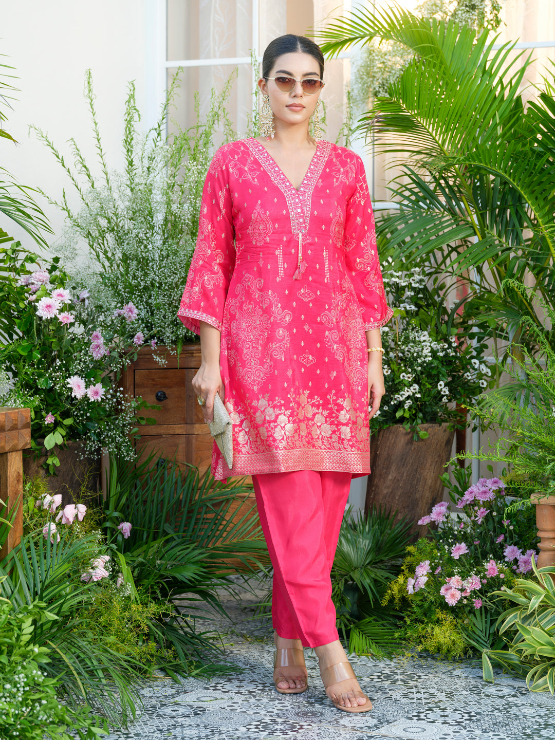 Mirror Embellished Jacquard Co-Ord Set in Pink