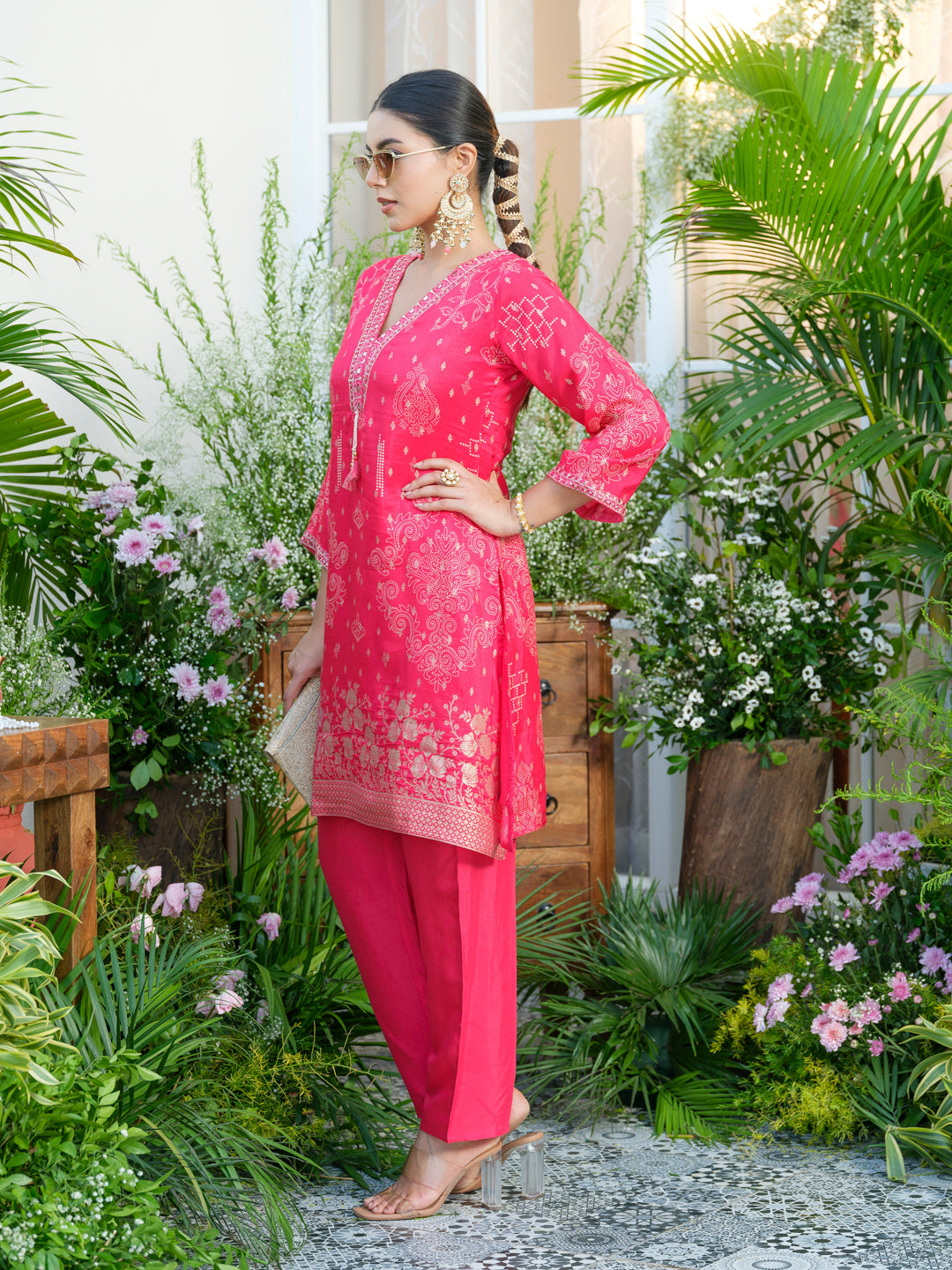 Mirror Embellished Jacquard Co-Ord Set in Pink