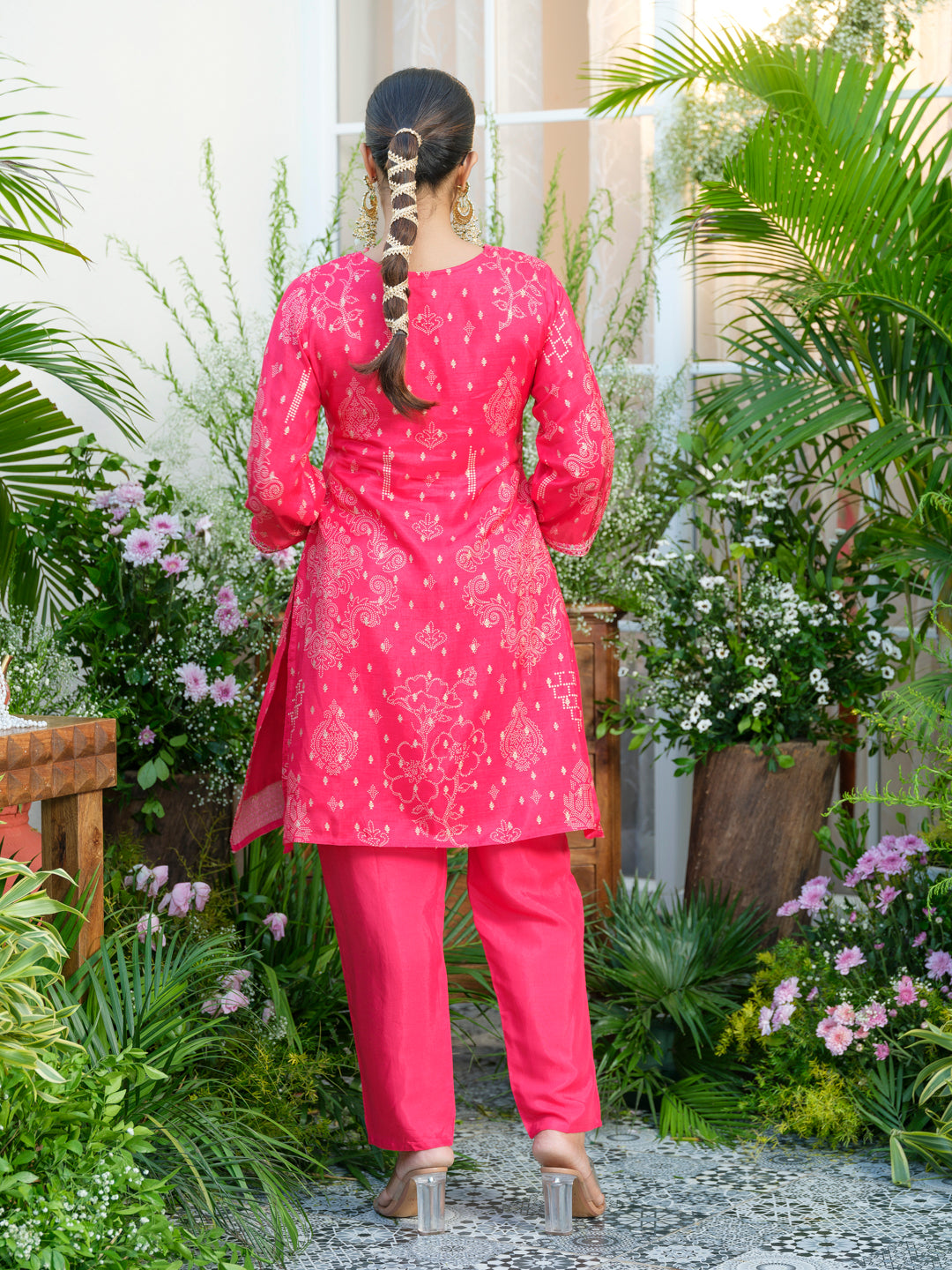 Mirror Embellished Jacquard Co-Ord Set in Pink