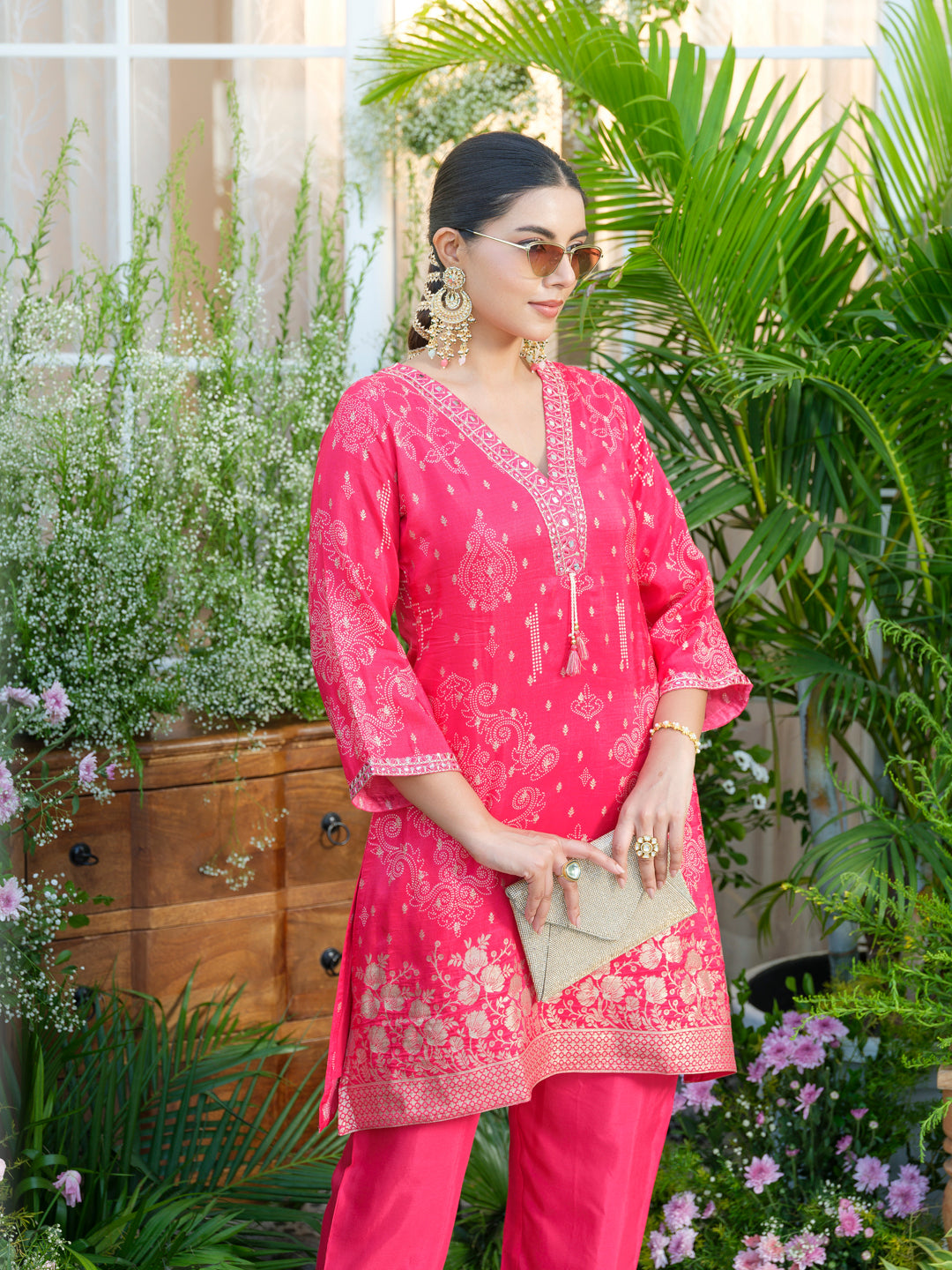 Mirror Embellished Jacquard Co-Ord Set in Pink