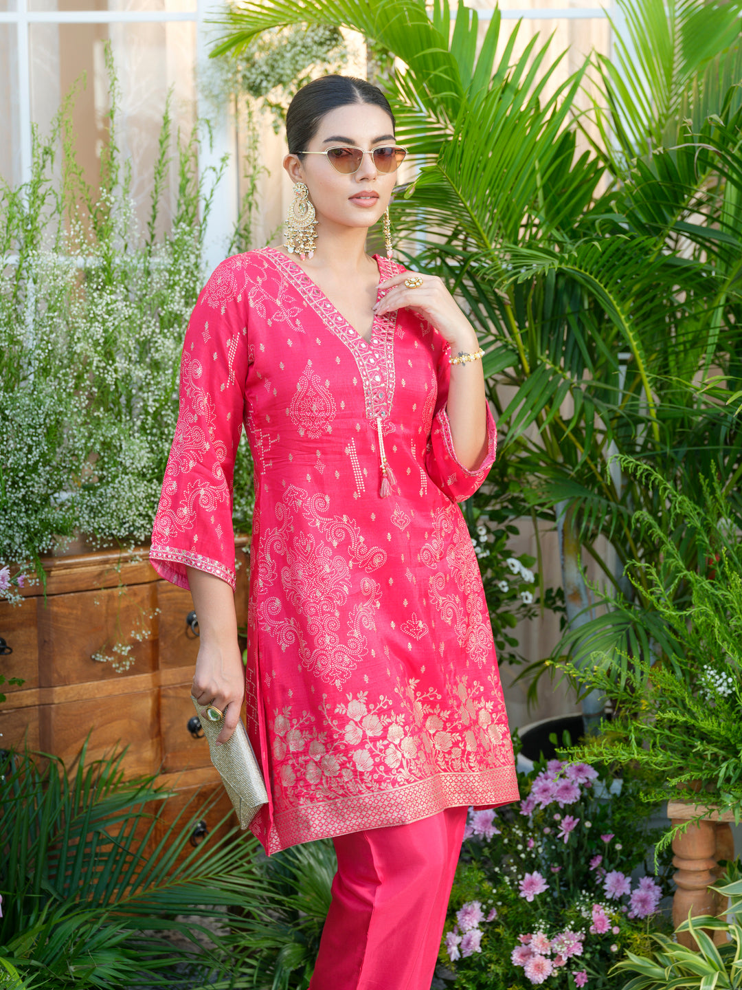 Mirror Embellished Jacquard Co-Ord Set in Pink