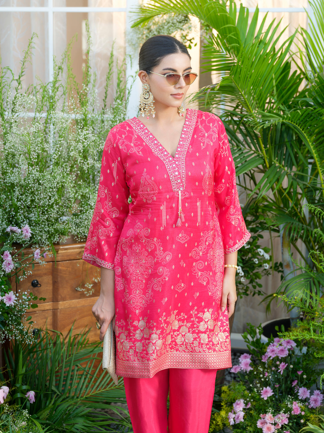 Mirror Embellished Jacquard Co-Ord Set in Pink