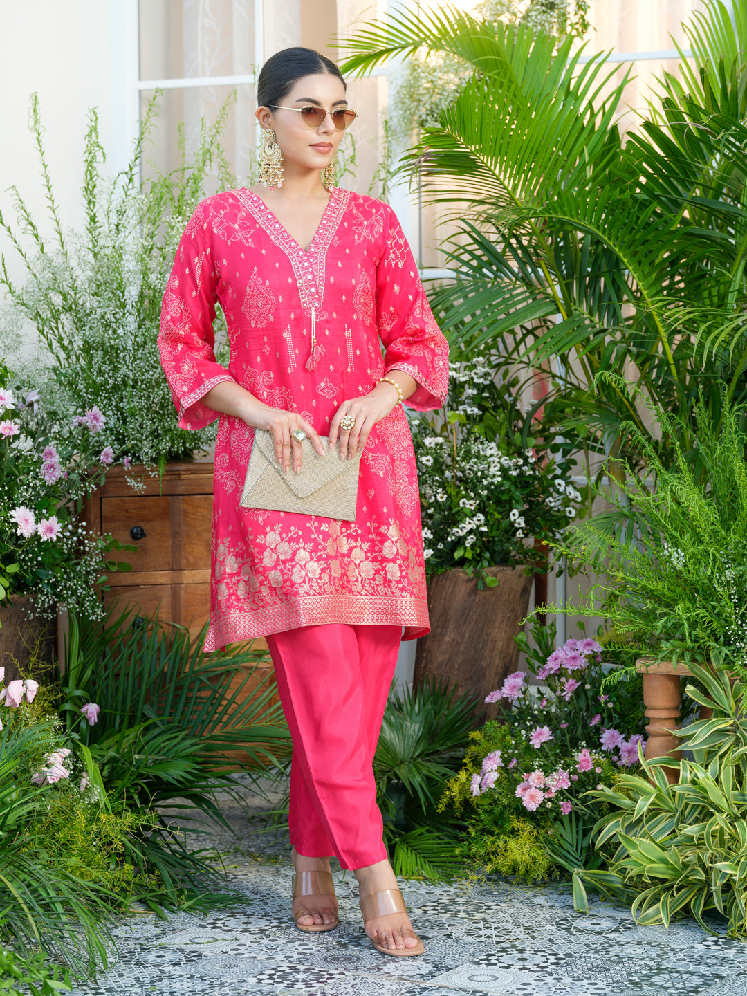 Mirror Embellished Jacquard Co-Ord Set in Pink