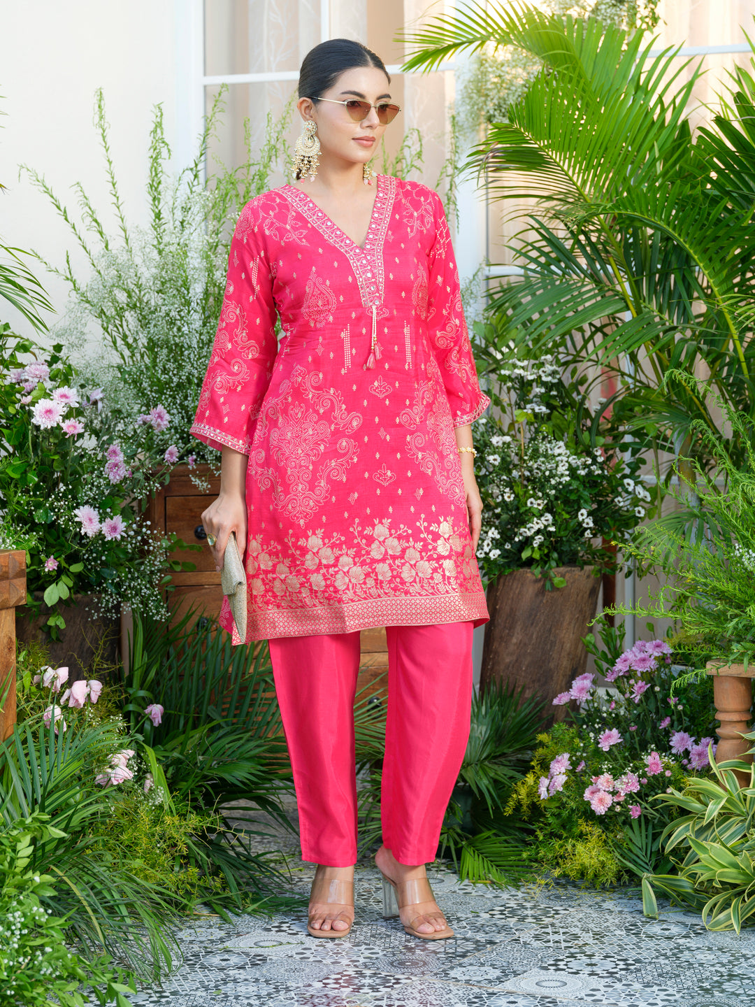 Mirror Embellished Jacquard Co-Ord Set in Pink