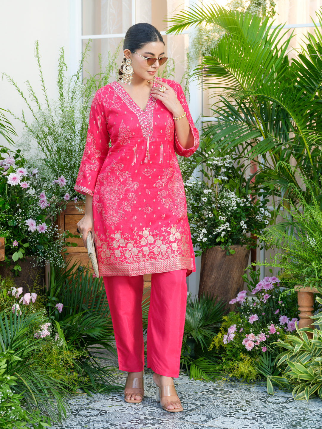 Mirror Embellished Jacquard Co-Ord Set in Pink