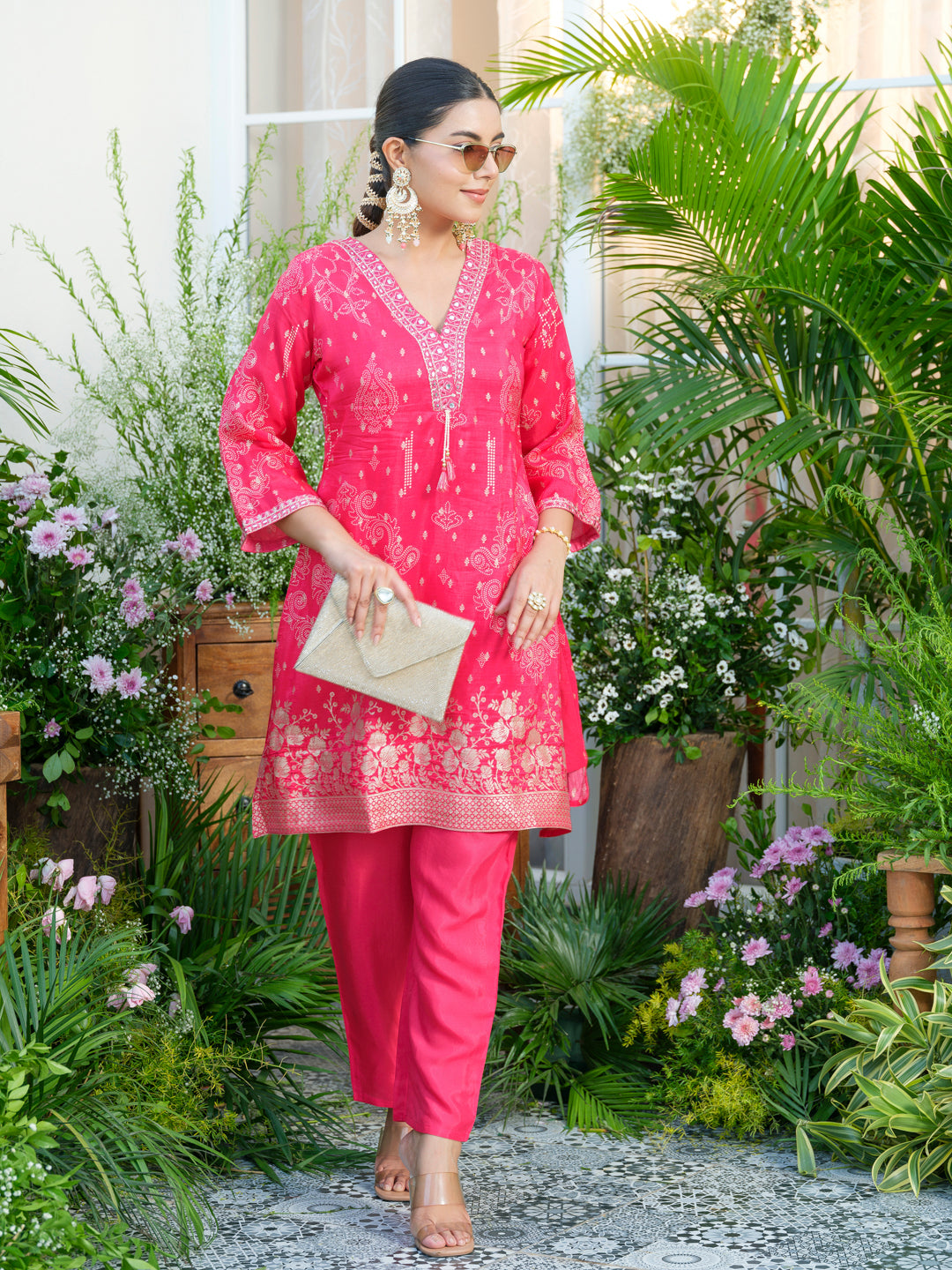 Mirror Embellished Jacquard Co-Ord Set in Pink