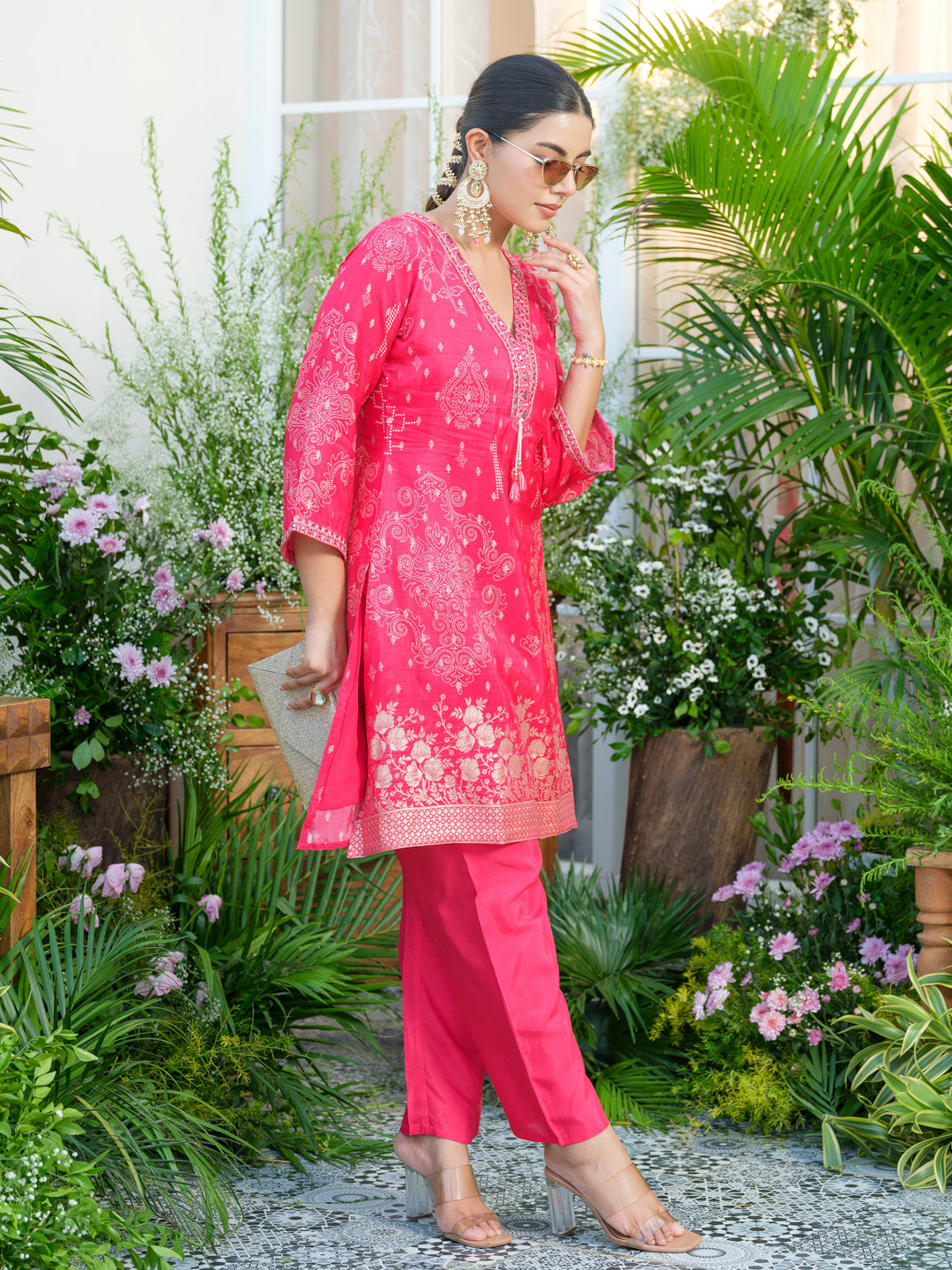 Mirror Embellished Jacquard Co-Ord Set in Pink