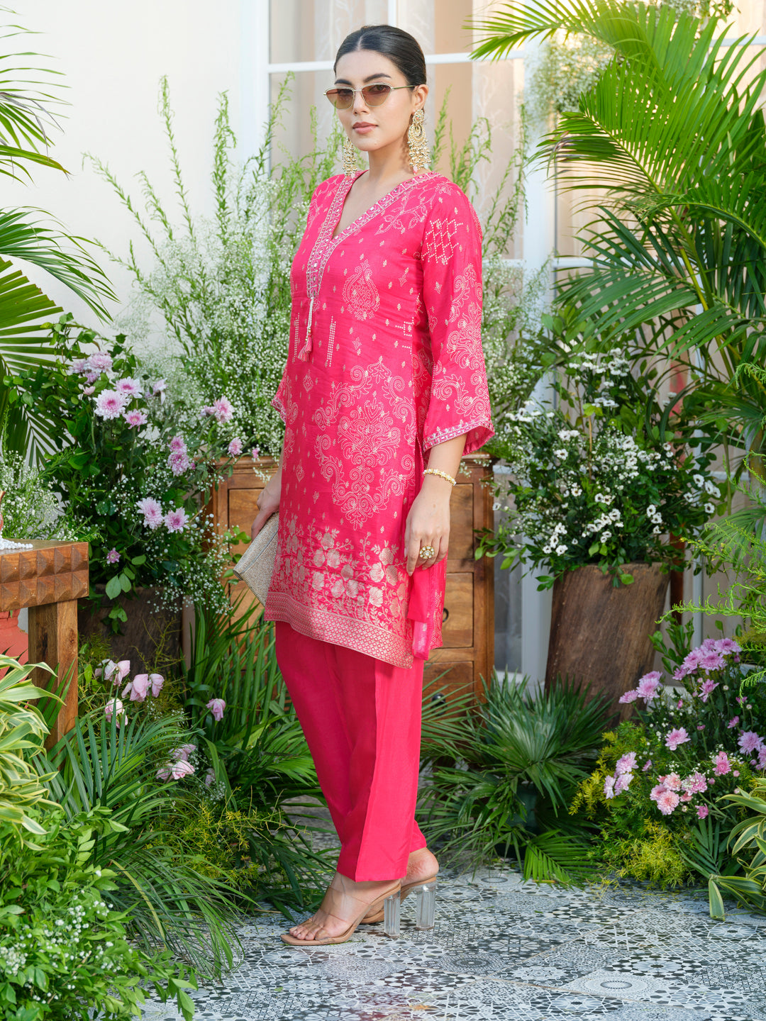 Mirror Embellished Jacquard Co-Ord Set in Pink