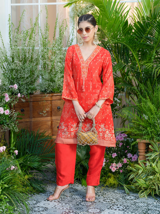 Mirror Embellished Jacquard Co-Ord Set in Red