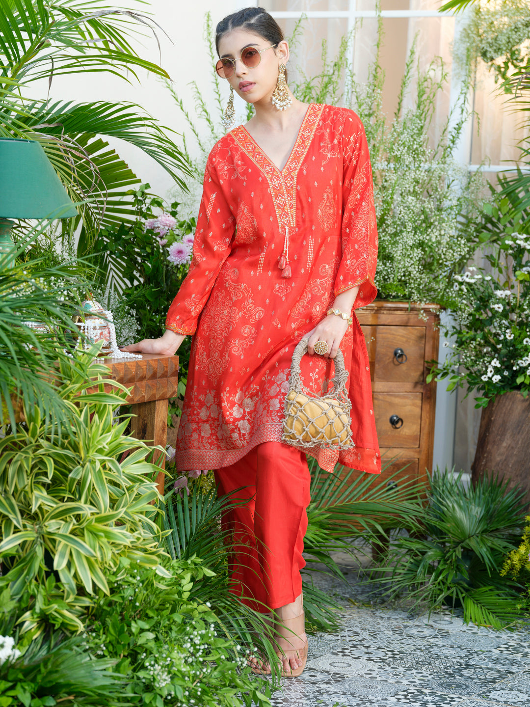 Mirror Embellished Jacquard Co-Ord Set in Red