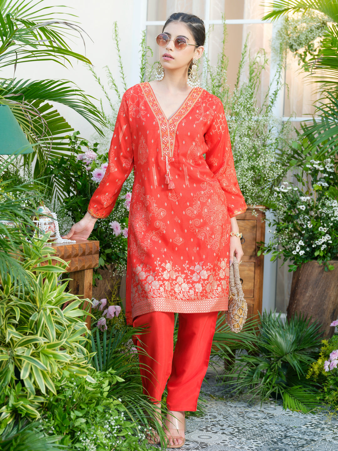 Mirror Embellished Jacquard Co-Ord Set in Red