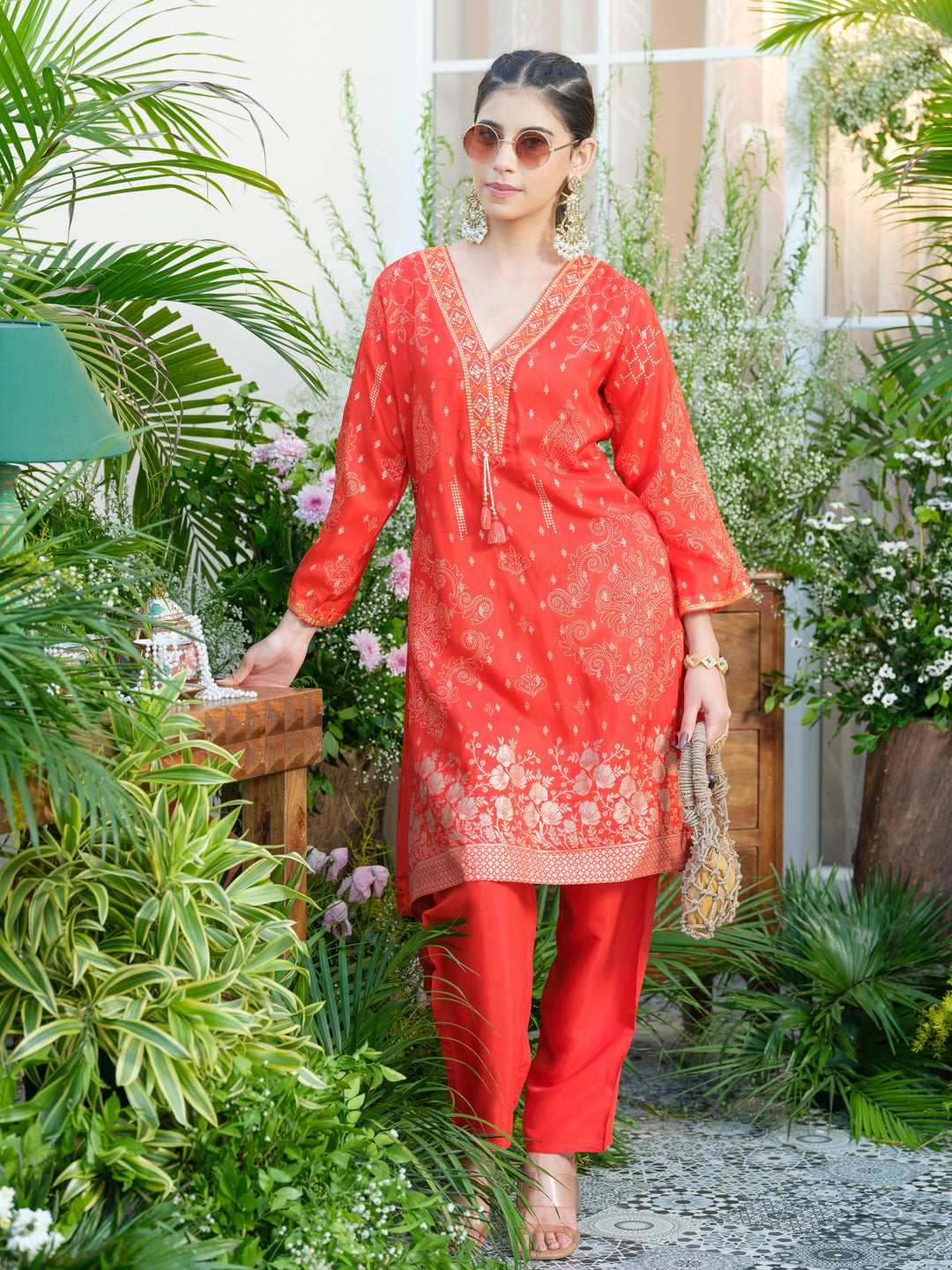 Mirror Embellished Jacquard Co-Ord Set in Red