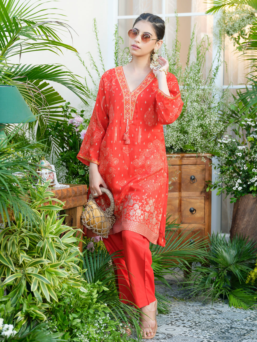 Mirror Embellished Jacquard Co-Ord Set in Red