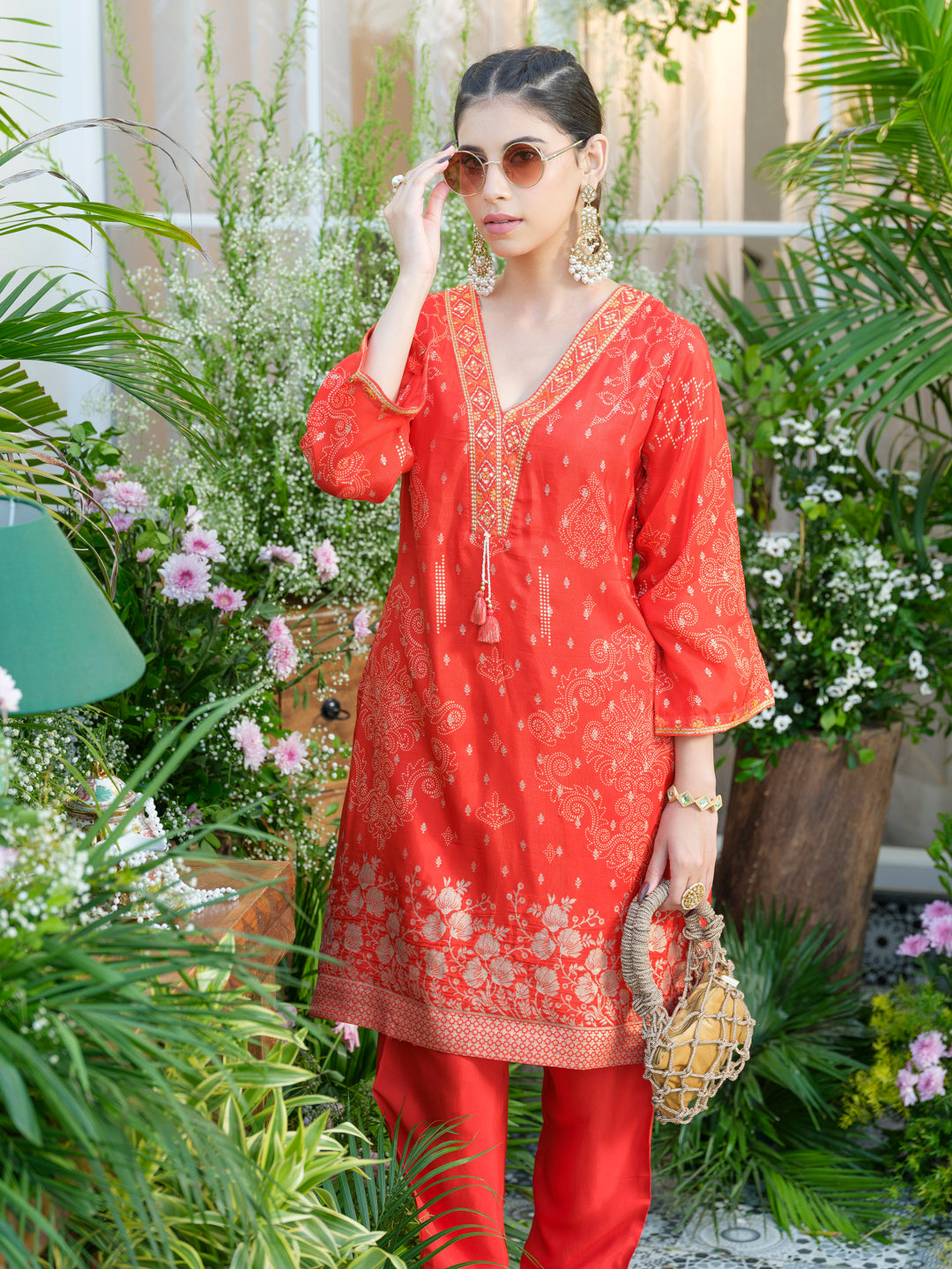 Mirror Embellished Jacquard Co-Ord Set in Red