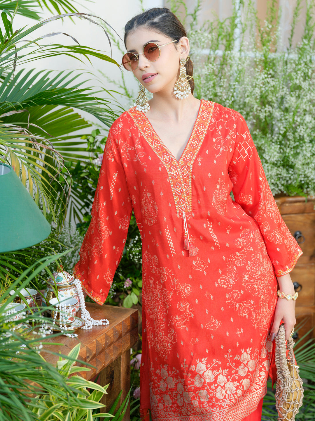 Mirror Embellished Jacquard Co-Ord Set in Red