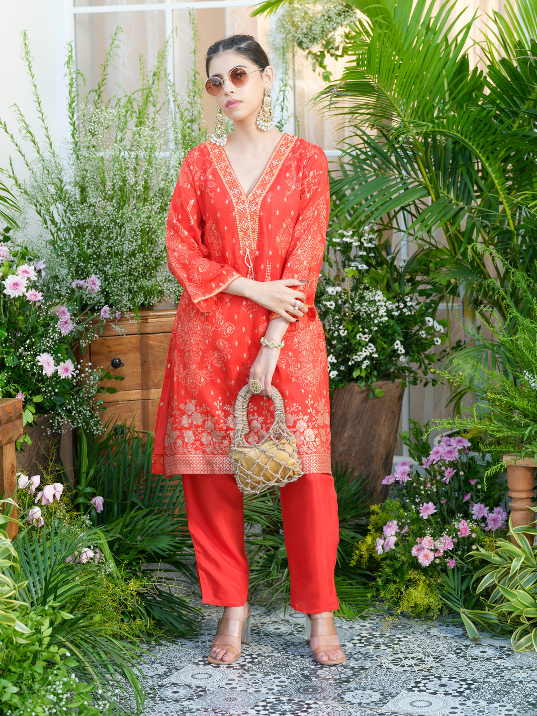 Mirror Embellished Jacquard Co-Ord Set in Red