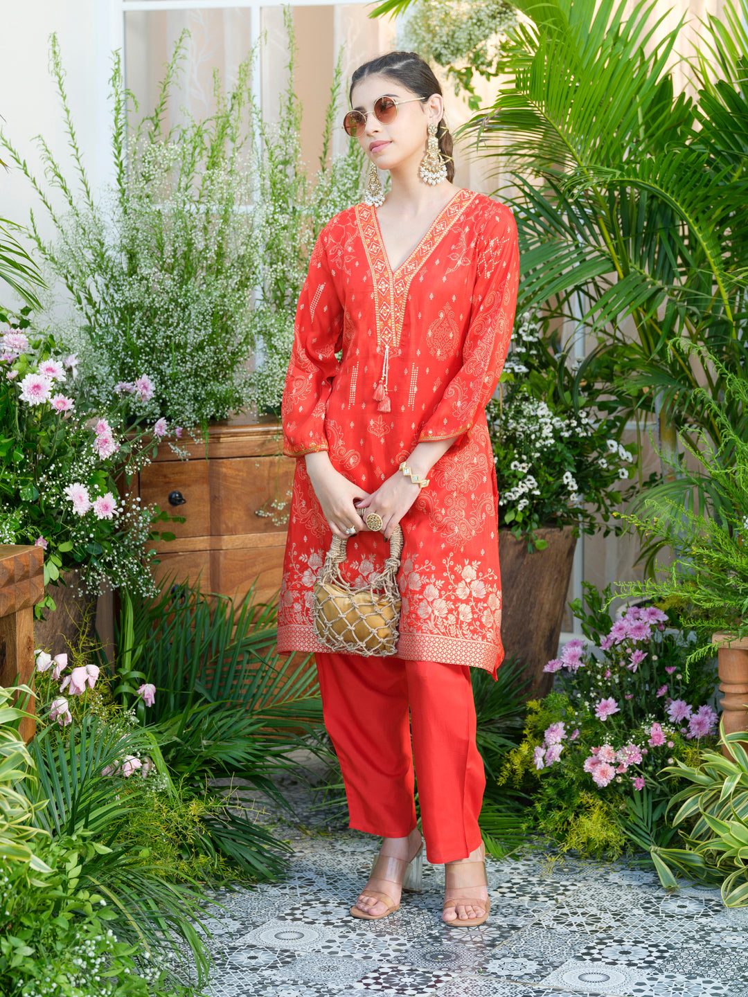 Mirror Embellished Jacquard Co-Ord Set in Red