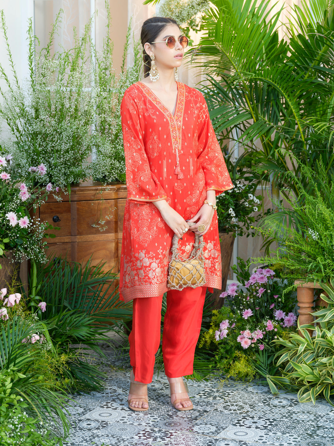 Mirror Embellished Jacquard Co-Ord Set in Red