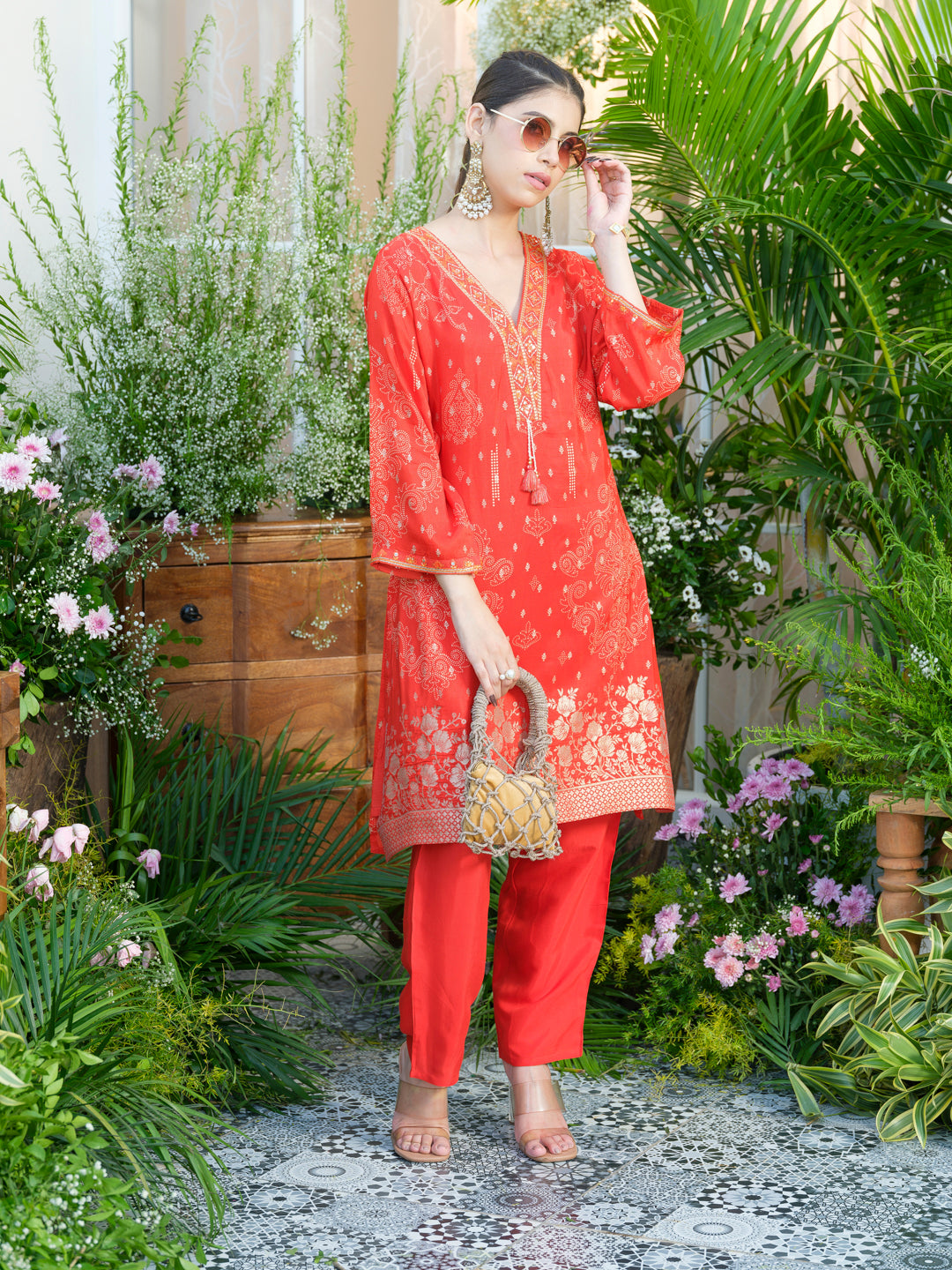 Mirror Embellished Jacquard Co-Ord Set in Red