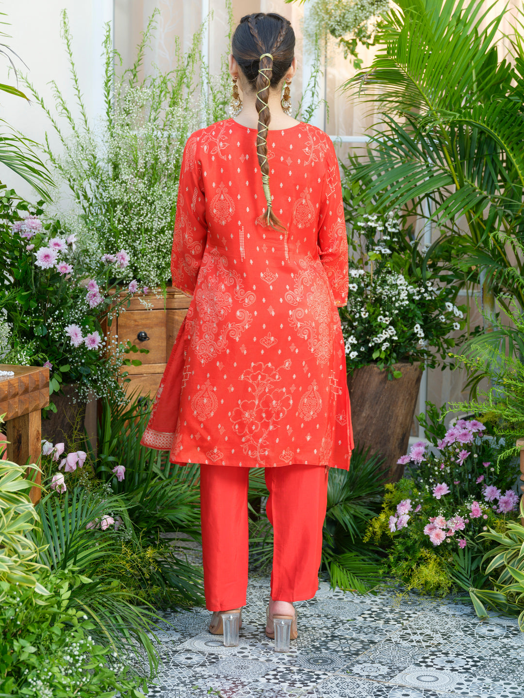 Mirror Embellished Jacquard Co-Ord Set in Red