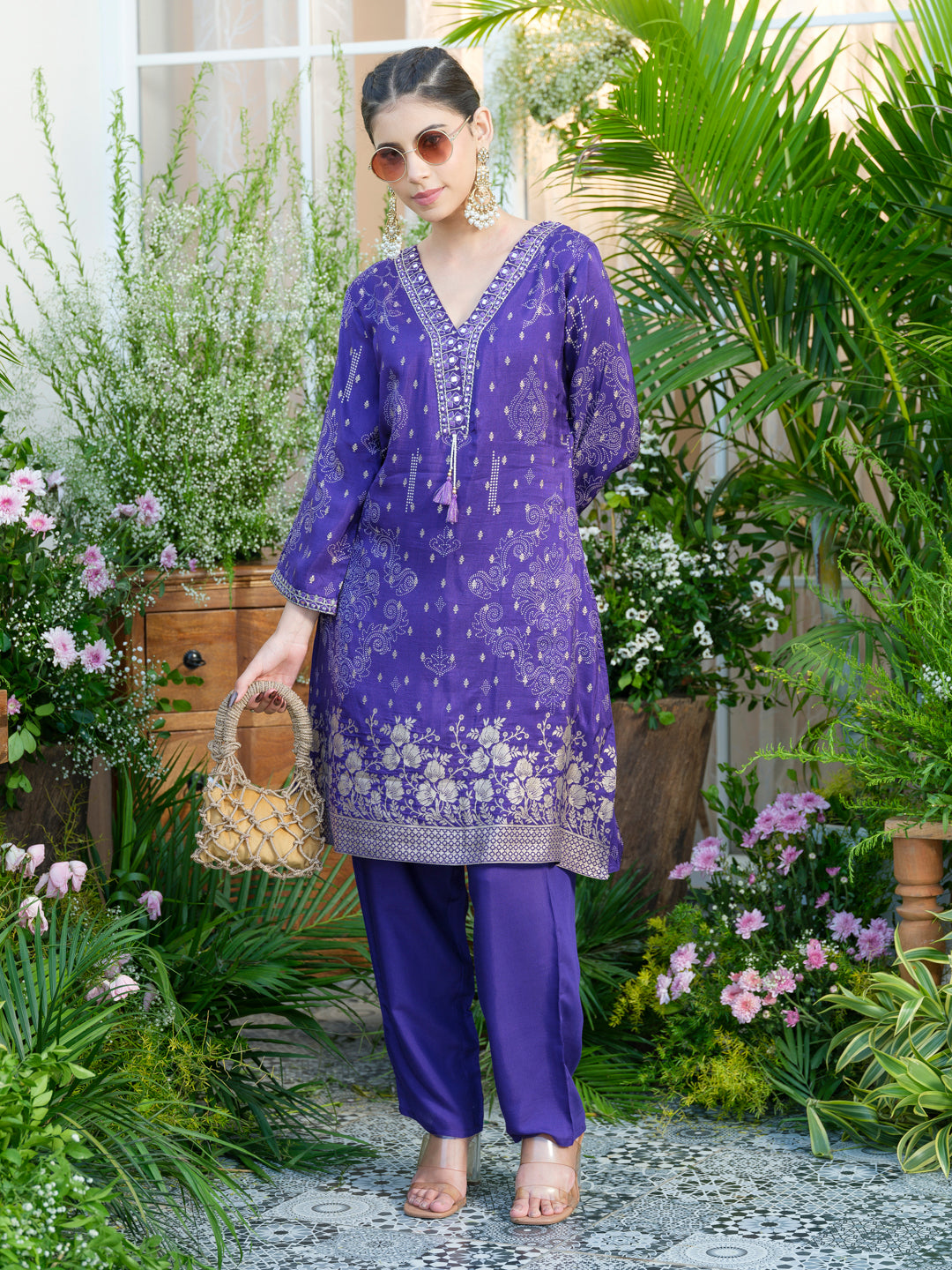 Embroidered Violet Jacquard Co-Ord Set