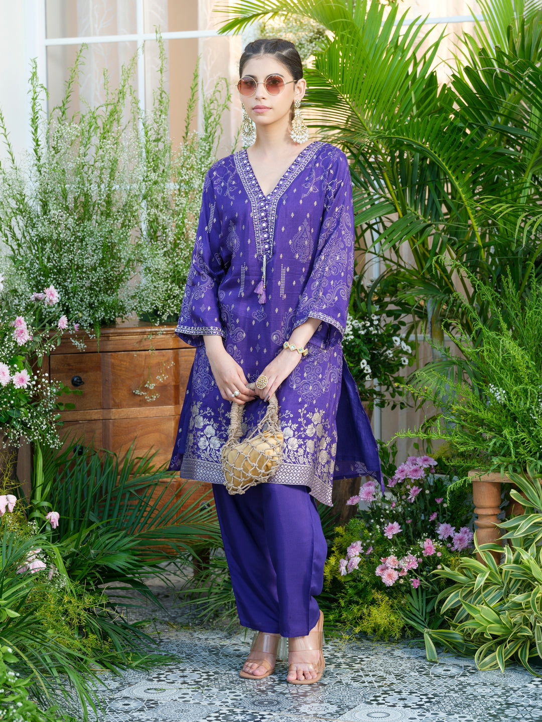 Embroidered Violet Jacquard Co-Ord Set