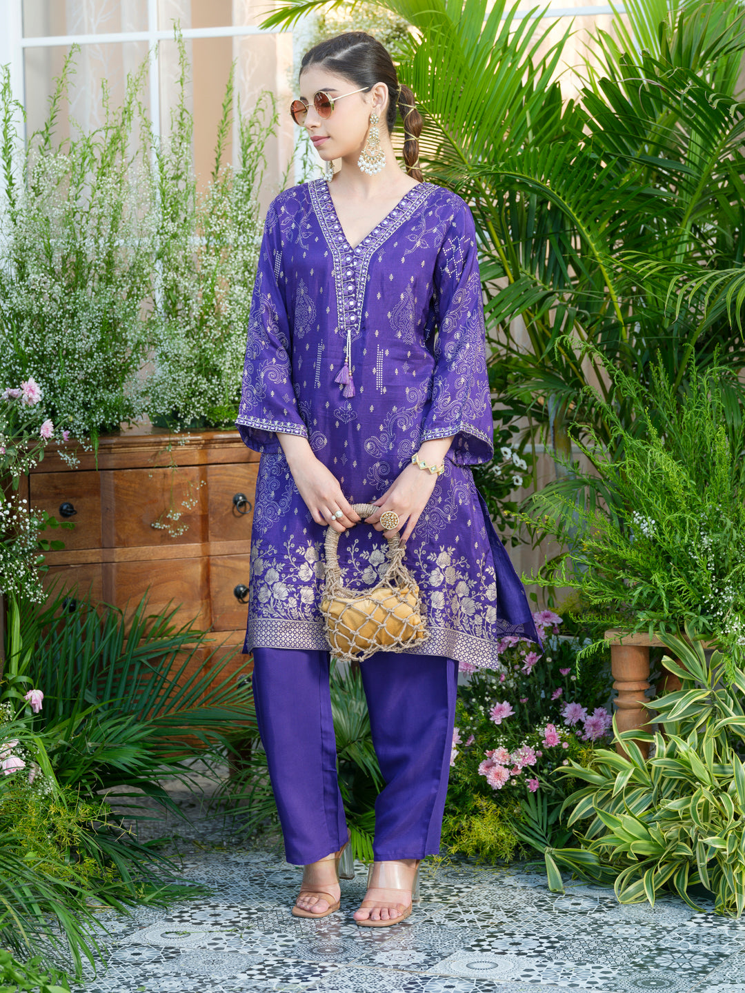 Embroidered Violet Jacquard Co-Ord Set