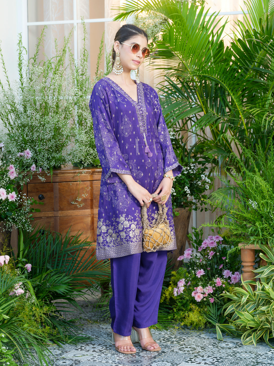 Embroidered Violet Jacquard Co-Ord Set