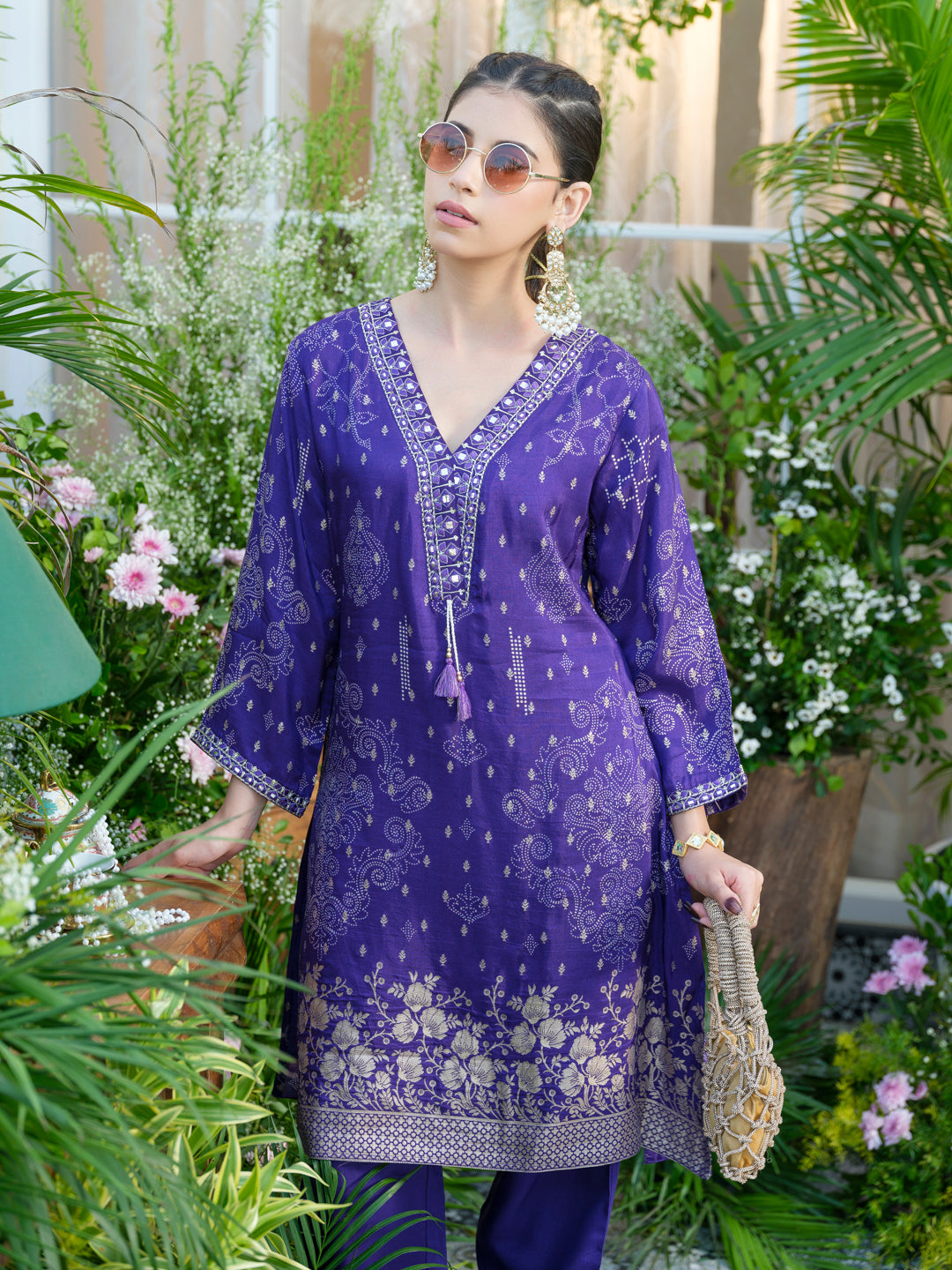 Embroidered Violet Jacquard Co-Ord Set