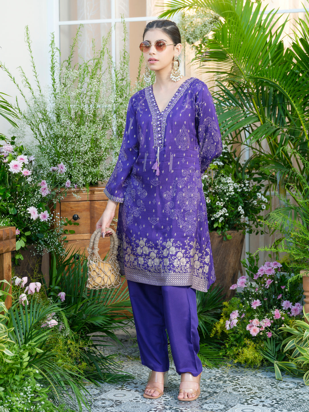 Embroidered Violet Jacquard Co-Ord Set