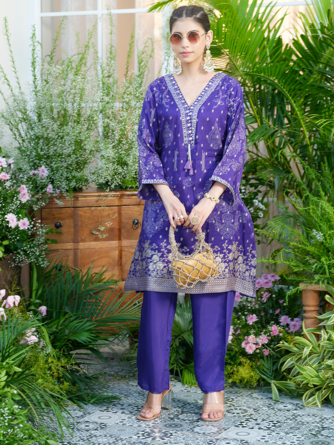 Embroidered Violet Jacquard Co-Ord Set