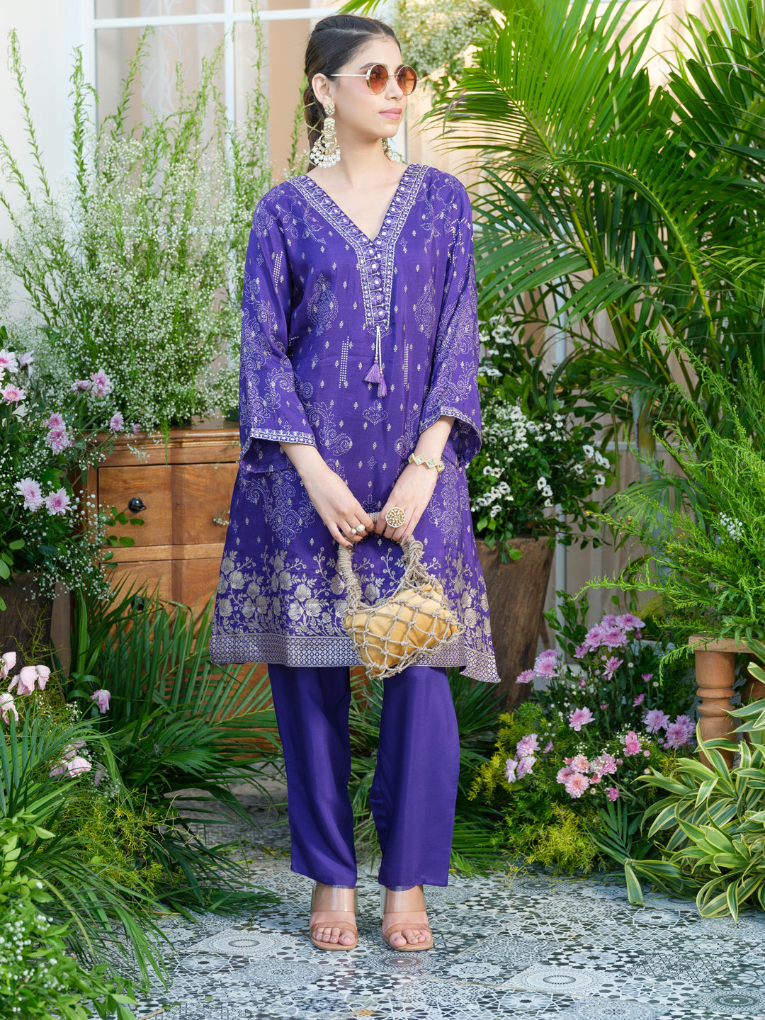 Embroidered Violet Jacquard Co-Ord Set