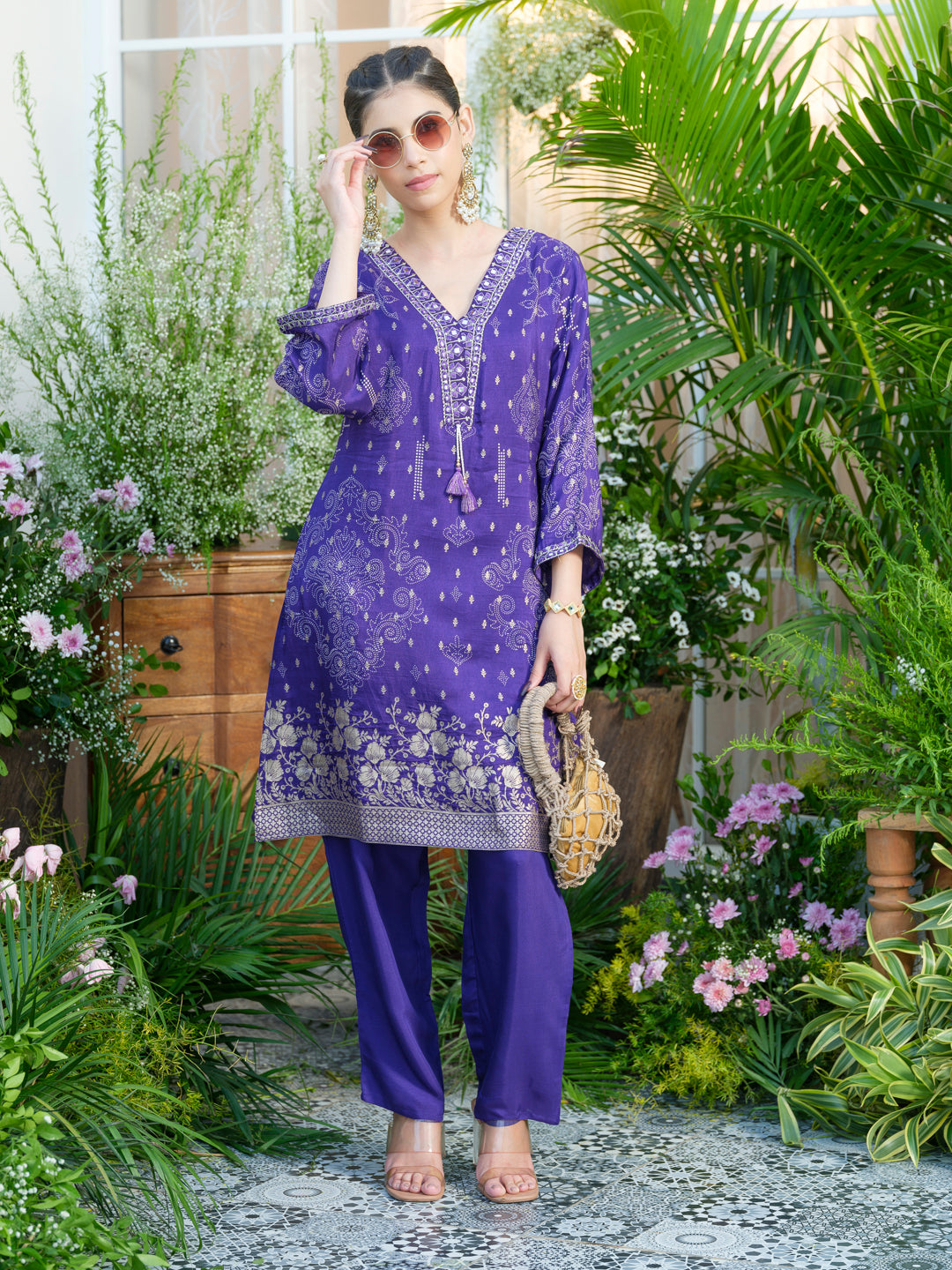 Embroidered Violet Jacquard Co-Ord Set