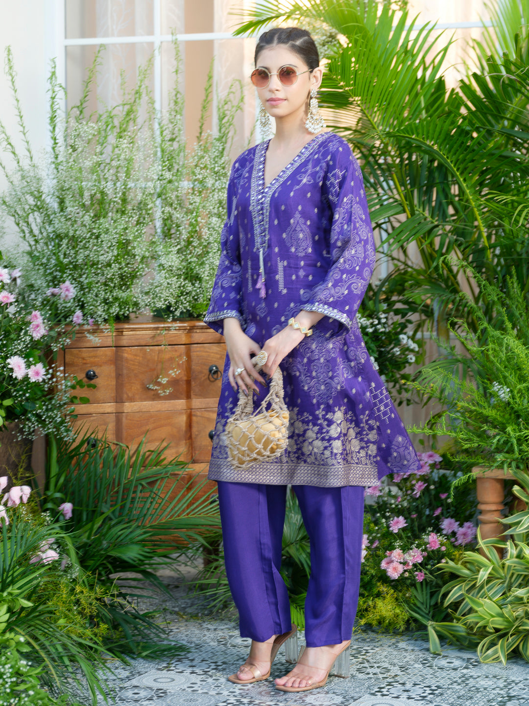Embroidered Violet Jacquard Co-Ord Set