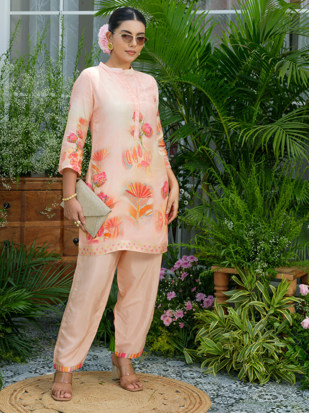Peach Floral Printed Co-ord Set with Straight Pants – Ethnic Fusion Wear for Women