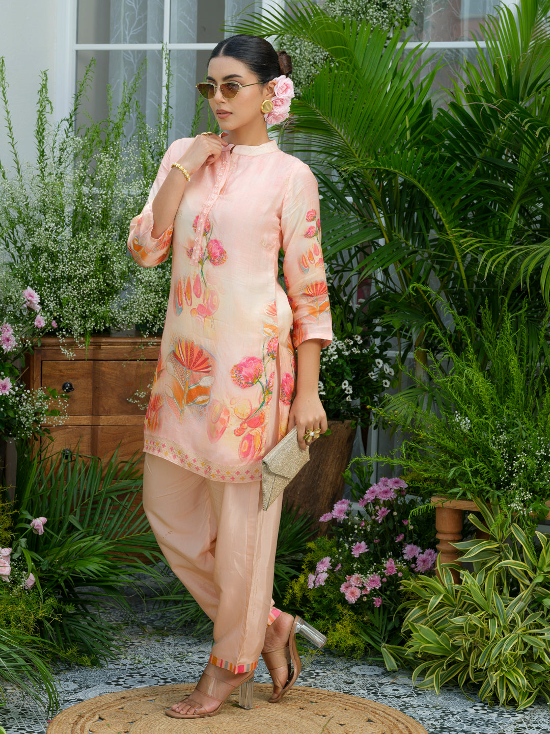 Peach Floral Printed Co-ord Set with Straight Pants – Ethnic Fusion Wear for Women