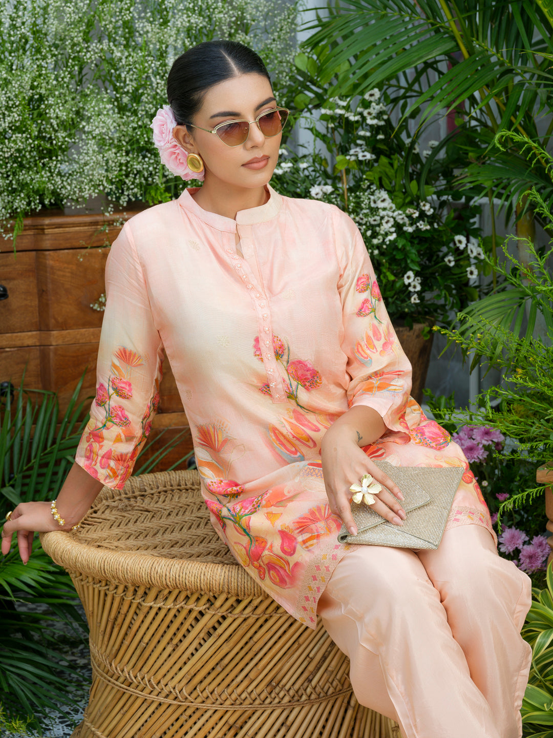 Peach Floral Printed Co-ord Set with Straight Pants – Ethnic Fusion Wear for Women