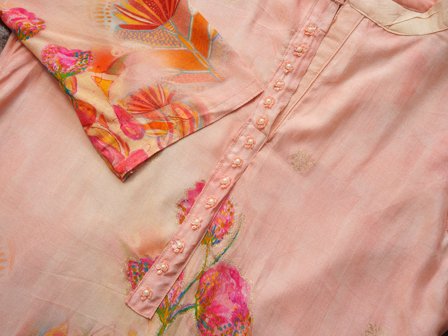 Peach Floral Printed Co-ord Set with Straight Pants – Ethnic Fusion Wear for Women