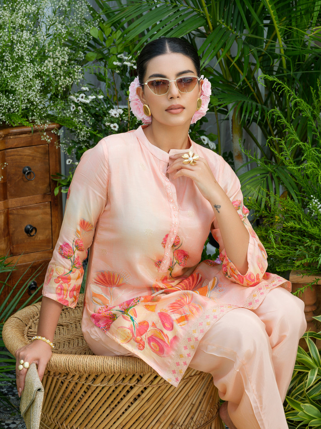 Peach Floral Printed Co-ord Set with Straight Pants – Ethnic Fusion Wear for Women