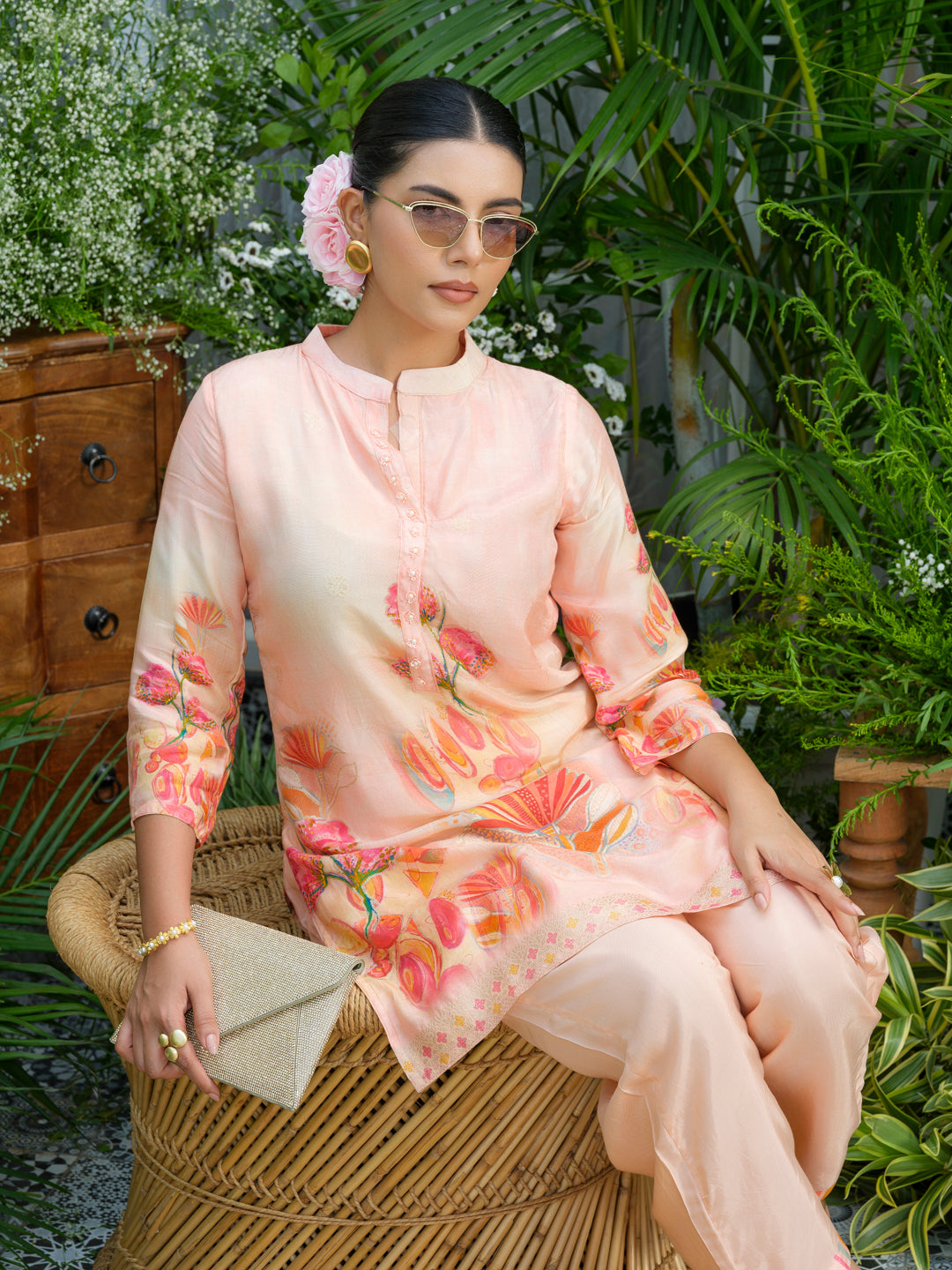 Peach Floral Printed Co-ord Set with Straight Pants – Ethnic Fusion Wear for Women