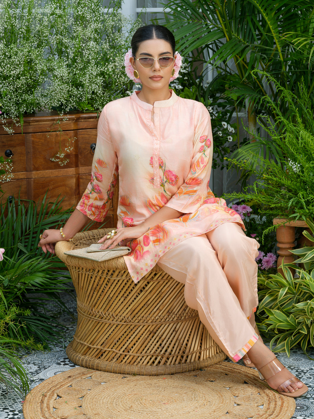 Peach Floral Printed Co-ord Set with Straight Pants – Ethnic Fusion Wear for Women