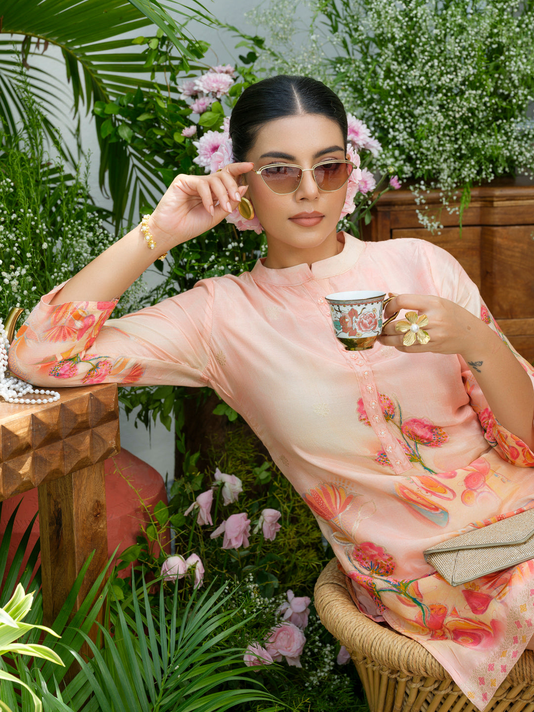 Peach Floral Printed Co-ord Set with Straight Pants – Ethnic Fusion Wear for Women