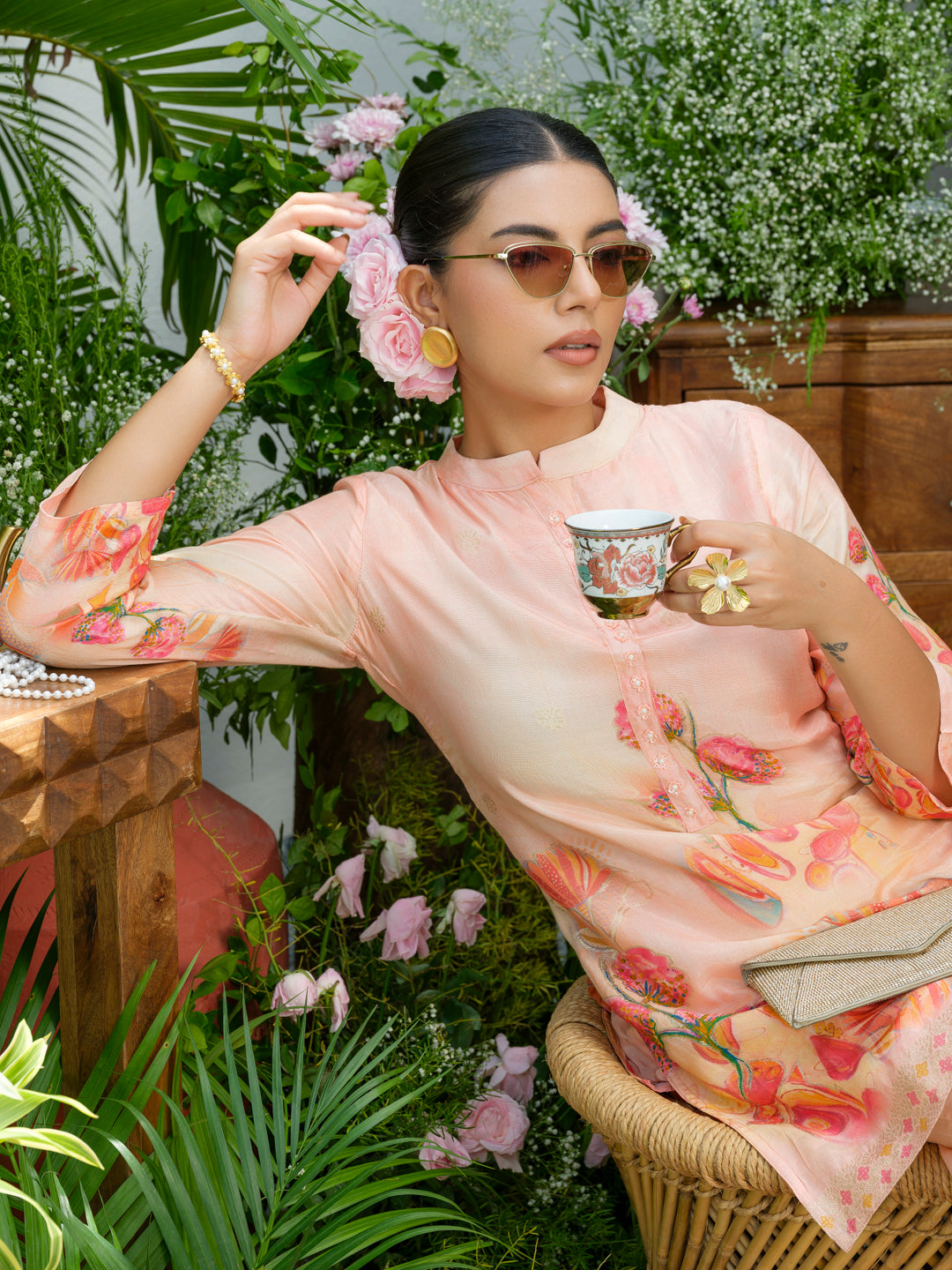 Peach Floral Printed Co-ord Set with Straight Pants – Ethnic Fusion Wear for Women