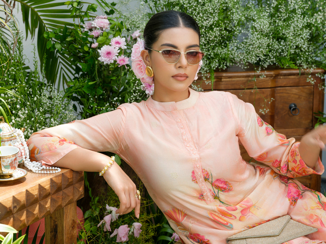 Peach Floral Printed Co-ord Set with Straight Pants – Ethnic Fusion Wear for Women