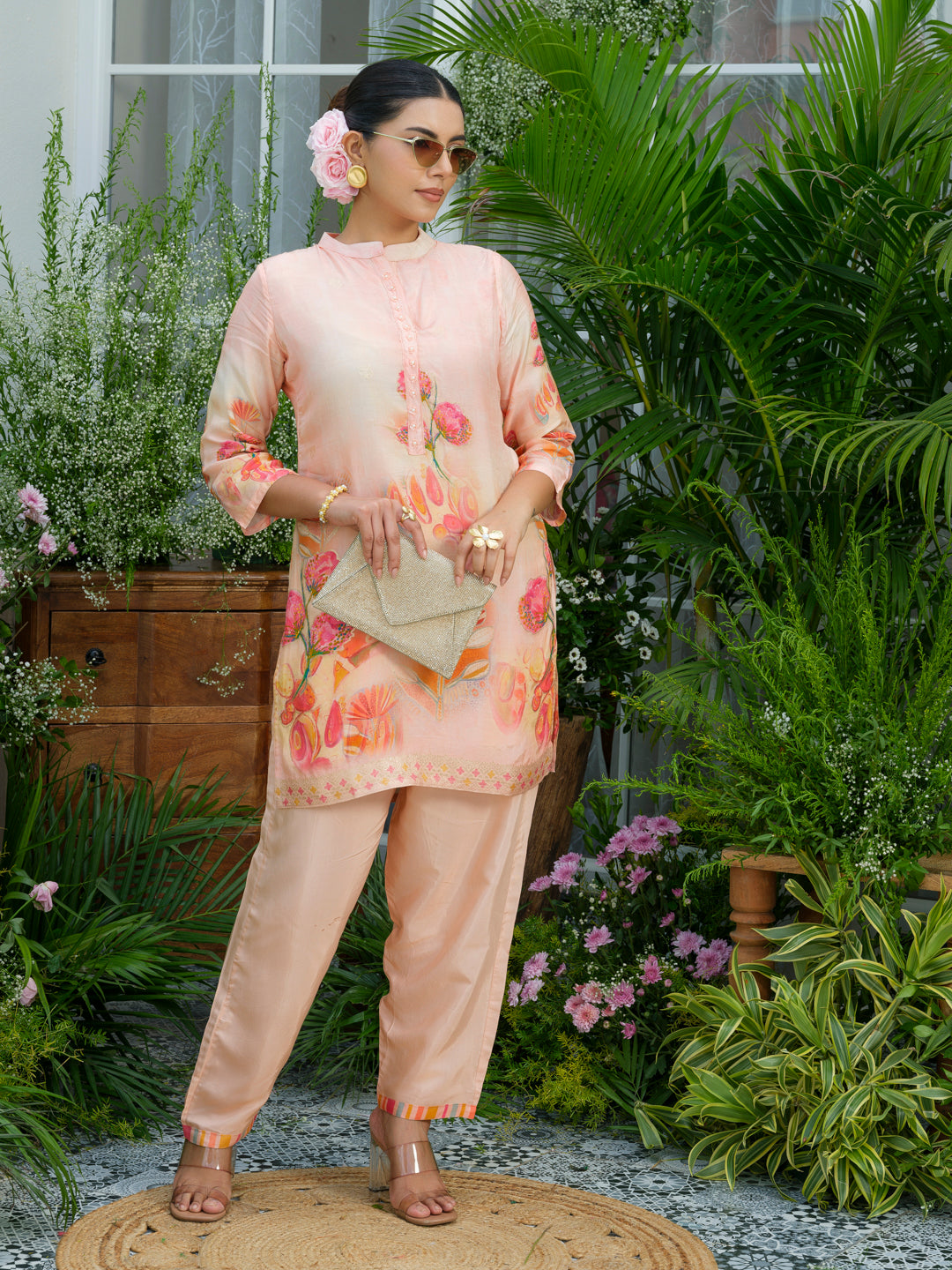 Peach Floral Printed Co-ord Set with Straight Pants – Ethnic Fusion Wear for Women