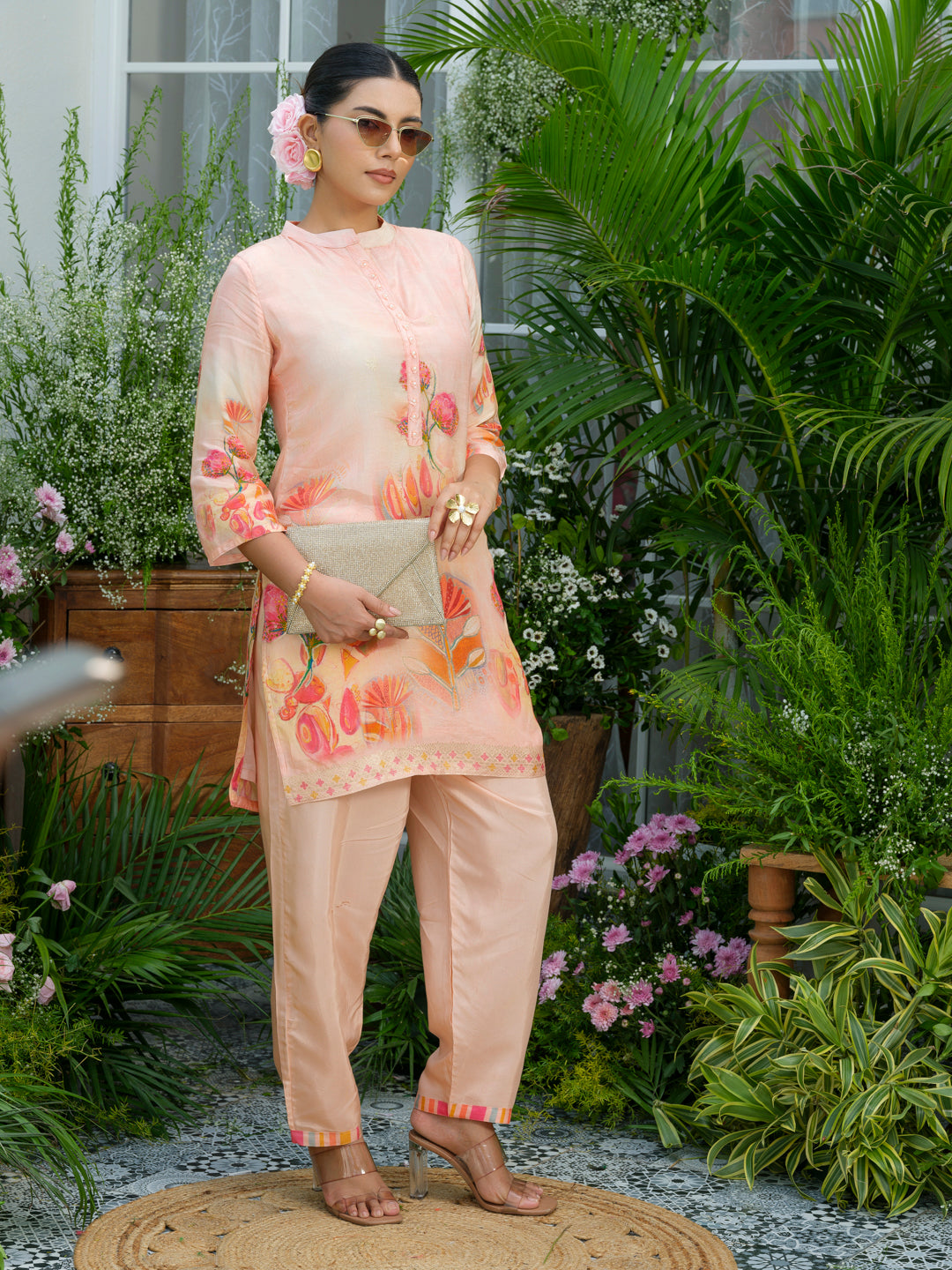Peach Floral Printed Co-ord Set with Straight Pants – Ethnic Fusion Wear for Women