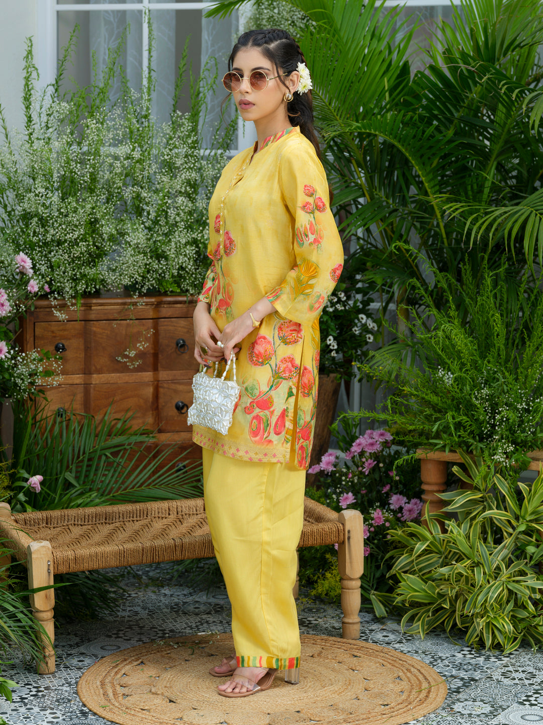 Women's Yellow Ethnic Co-ord Set – Floral Kurta with Pants