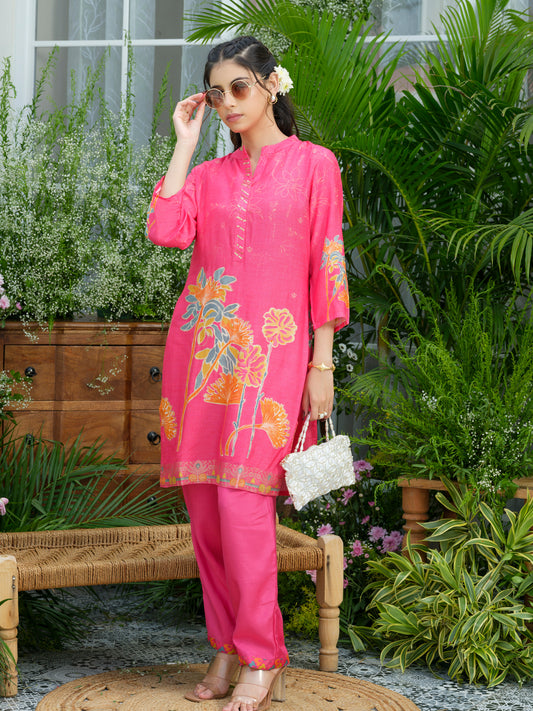 Pink Floral Printed Co-ord Set with Embellished Kurta & Straight Pants