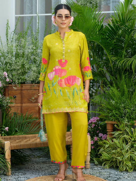 Lemon Green Floral Printed Co-ord Set with Embellished Kurta & Straight Pants