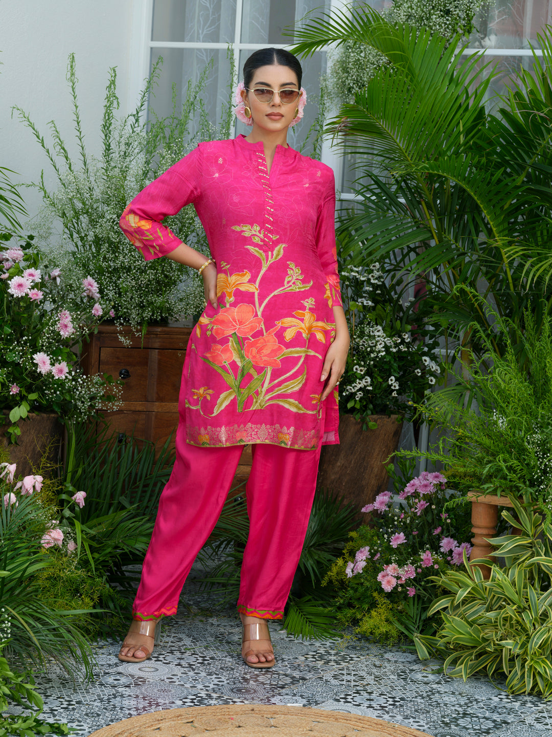 Floral Elegance – Natural Crepe Co-Ord Set in Hot Pink